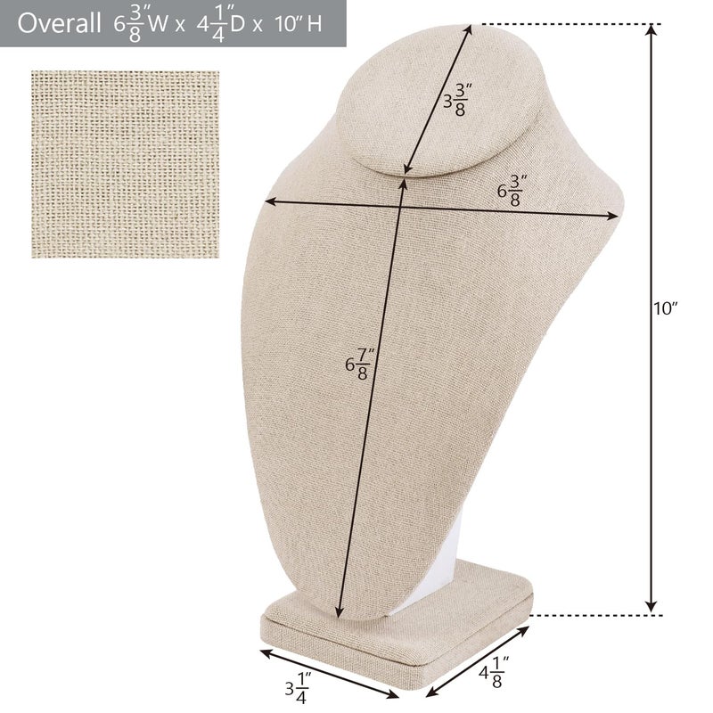 MOOCA Linen Covered Wood Jewelry Display Necklace Chain Jewelry Bust Display Holder Stand, Necklaces Bust Mannequin, 6 3/8 W x 4 1/4 D x 10 H in, Tan Linen - Image 2
